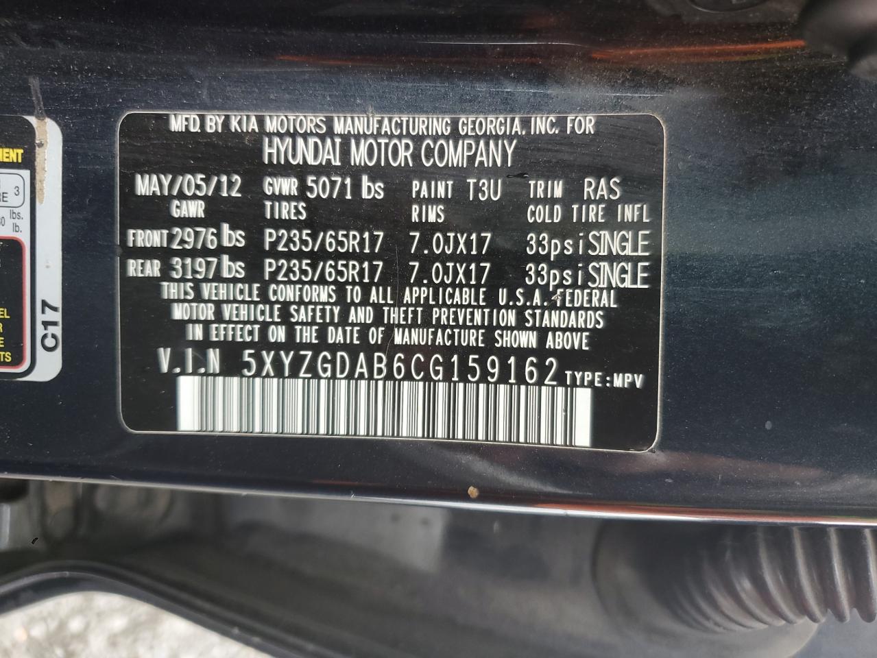 2012 Hyundai Santa Fe Gls VIN: 5XYZGDAB6CG159162 Lot: 85055935