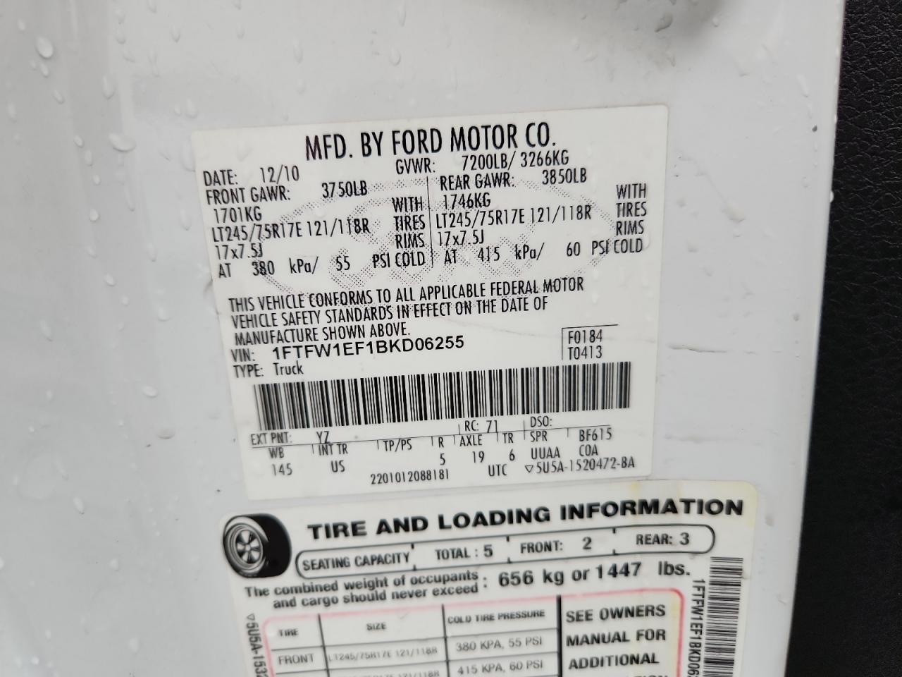 2011 Ford F150 Supercrew VIN: 1FTFW1EF1BKD06255 Lot: 83872595