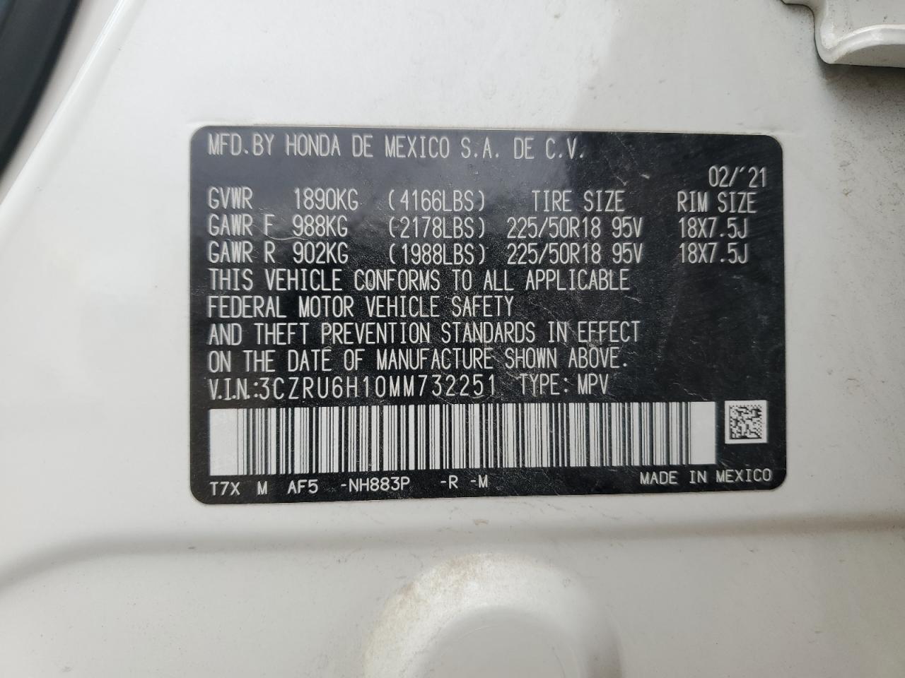 2021 Honda Hr-V Sport VIN: 3CZRU6H10MM732251 Lot: 89897035