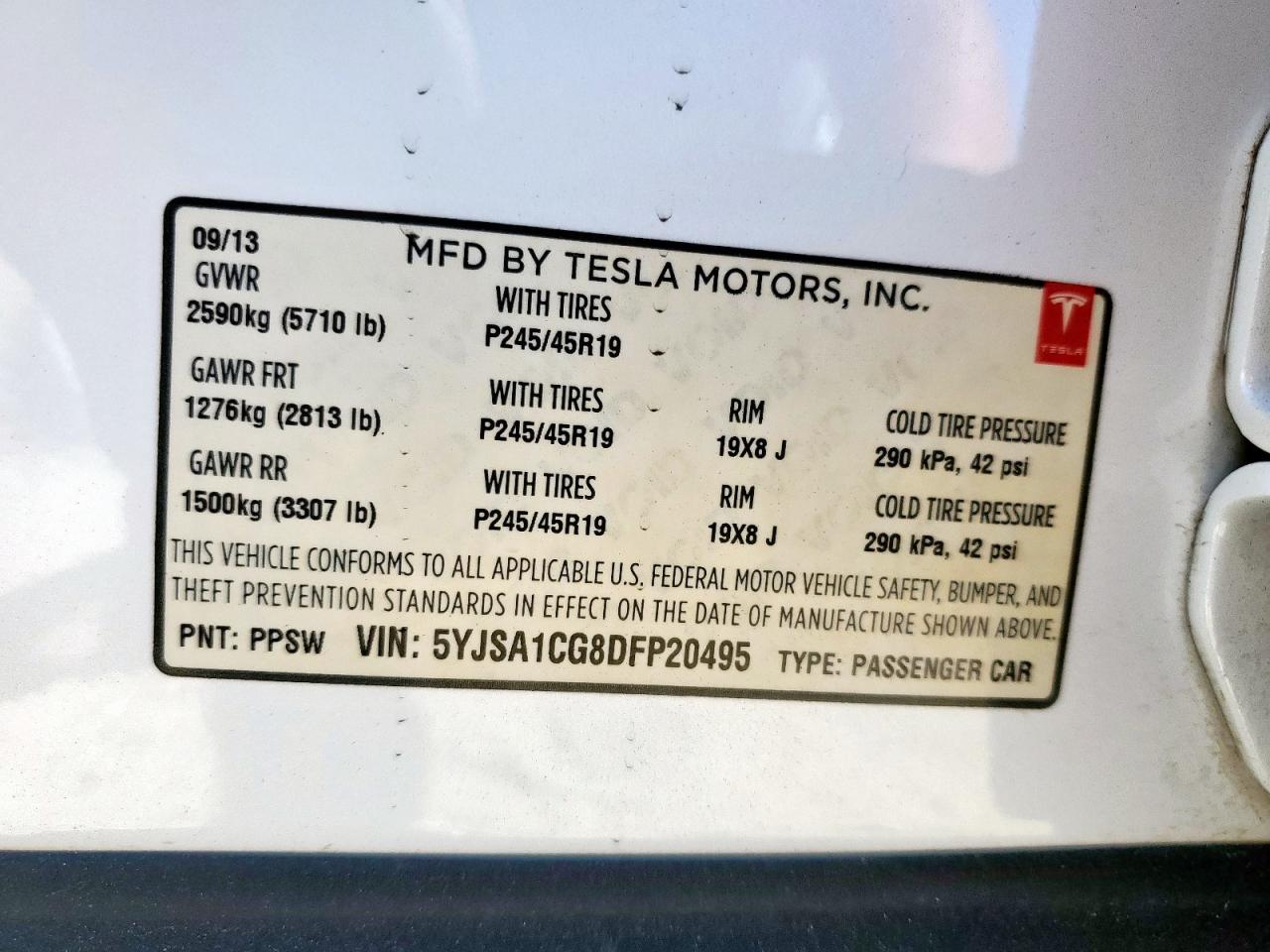 2013 Tesla Model S VIN: 5YJSA1CG8DFP20495 Lot: 82406395