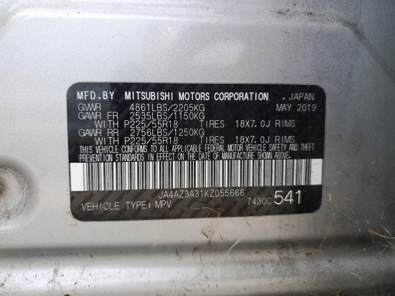 2019 Mitsubishi Outlander Se VIN: JA4AZ3A31KZ055666 Lot: 85672725