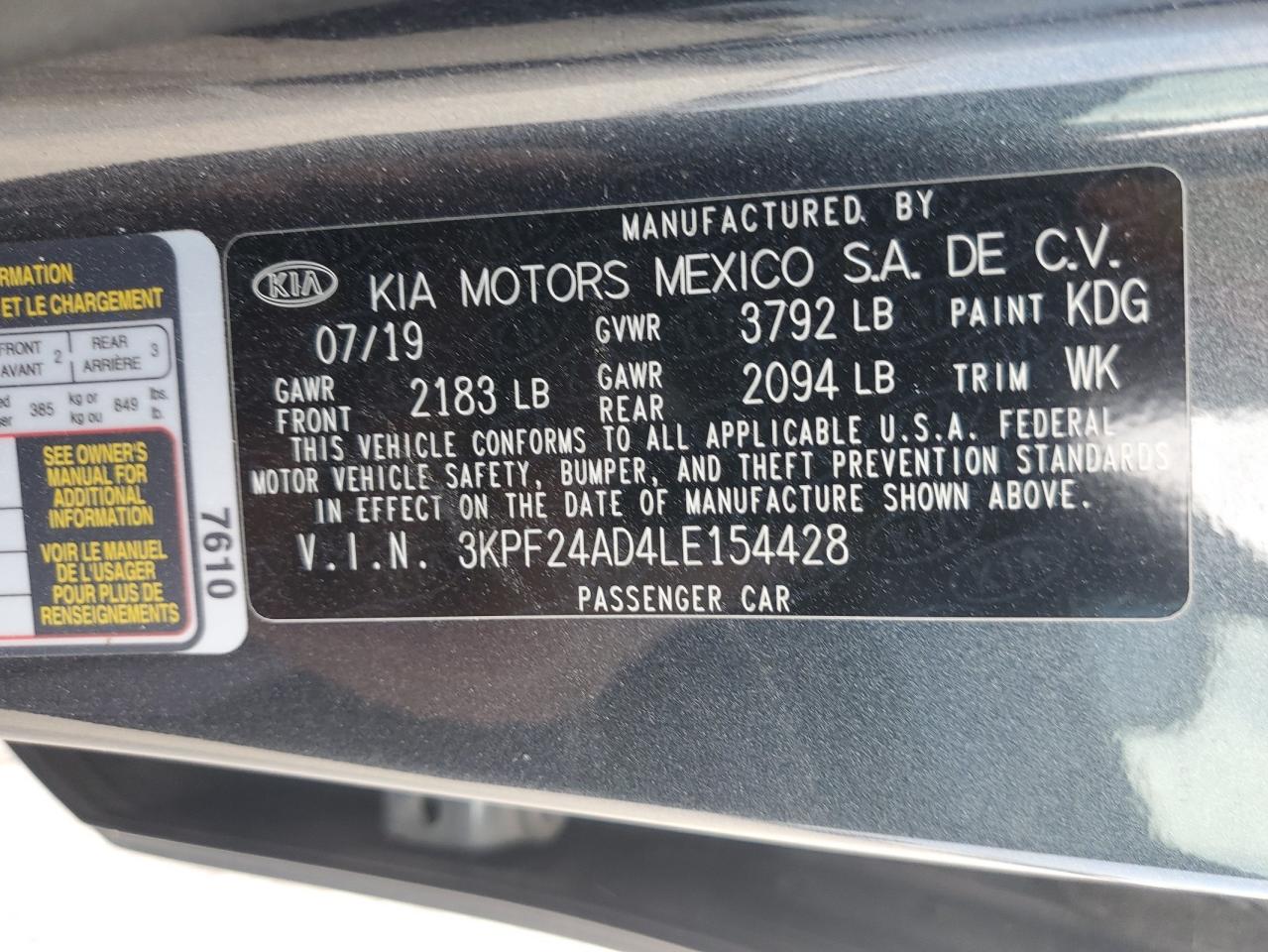 2020 Kia Forte Fe VIN: 3KPF24AD4LE154428 Lot: 89802645