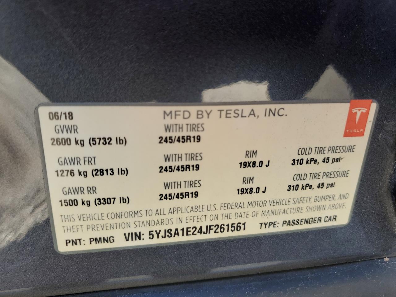 2018 Tesla Model S VIN: 5YJSA1E24JF261561 Lot: 87425155