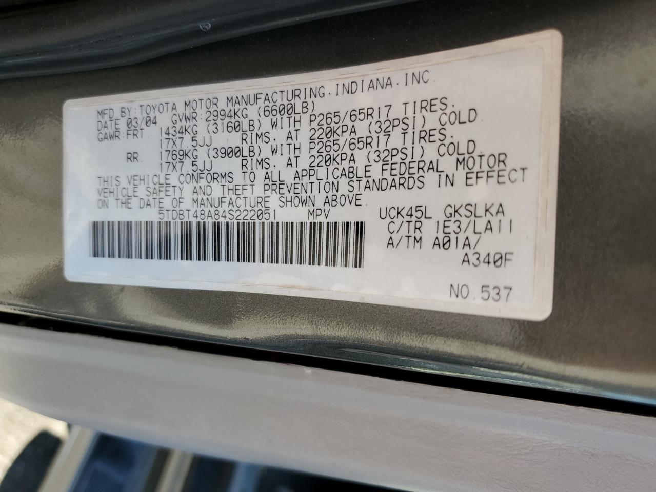 2004 Toyota Sequoia Limited VIN: 5TDBT48A84S222051 Lot: 82623185