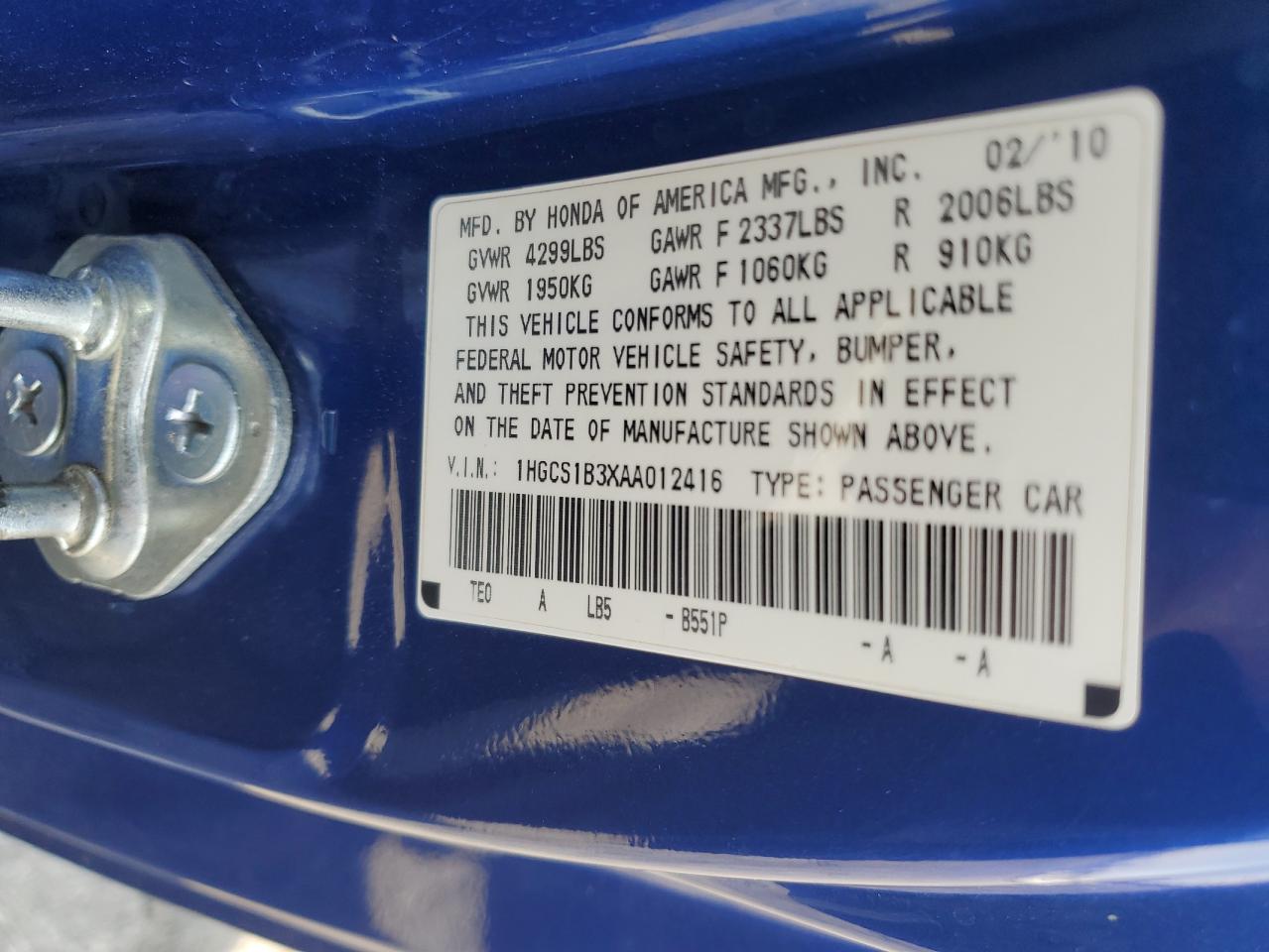 2010 Honda Accord Lx VIN: 1HGCS1B3XAA012416 Lot: 82274095