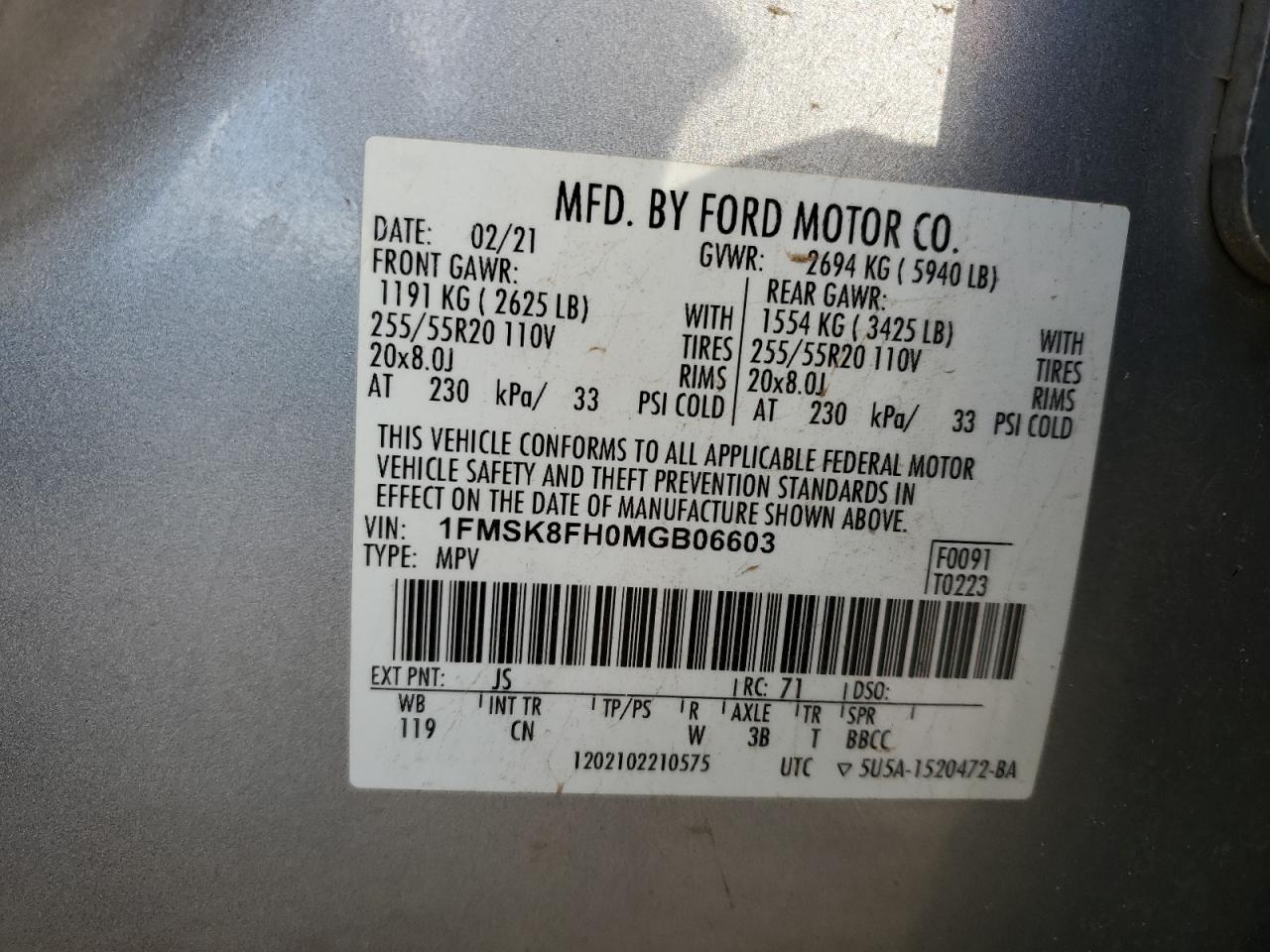 2021 Ford Explorer Limited VIN: 1FMSK8FH0MGB06603 Lot: 90671525