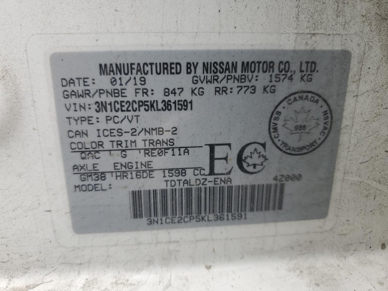 2019 Nissan Versa Note S VIN: 3N1CE2CP5KL361591 Lot: 85479275