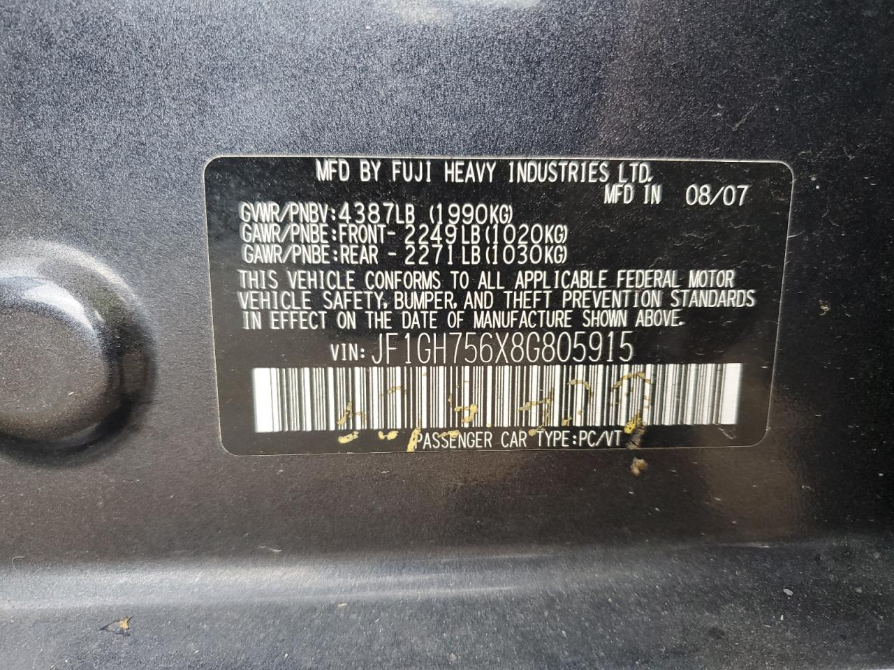 2008 Subaru Impreza Wrx Premium VIN: JF1GH756X8G805915 Lot: 85311455