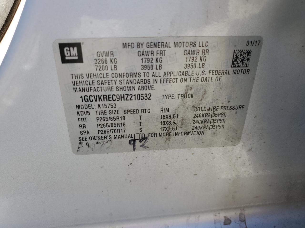 2017 Chevrolet Silverado K1500 Lt VIN: 1GCVKREC9HZ210532 Lot: 82233285