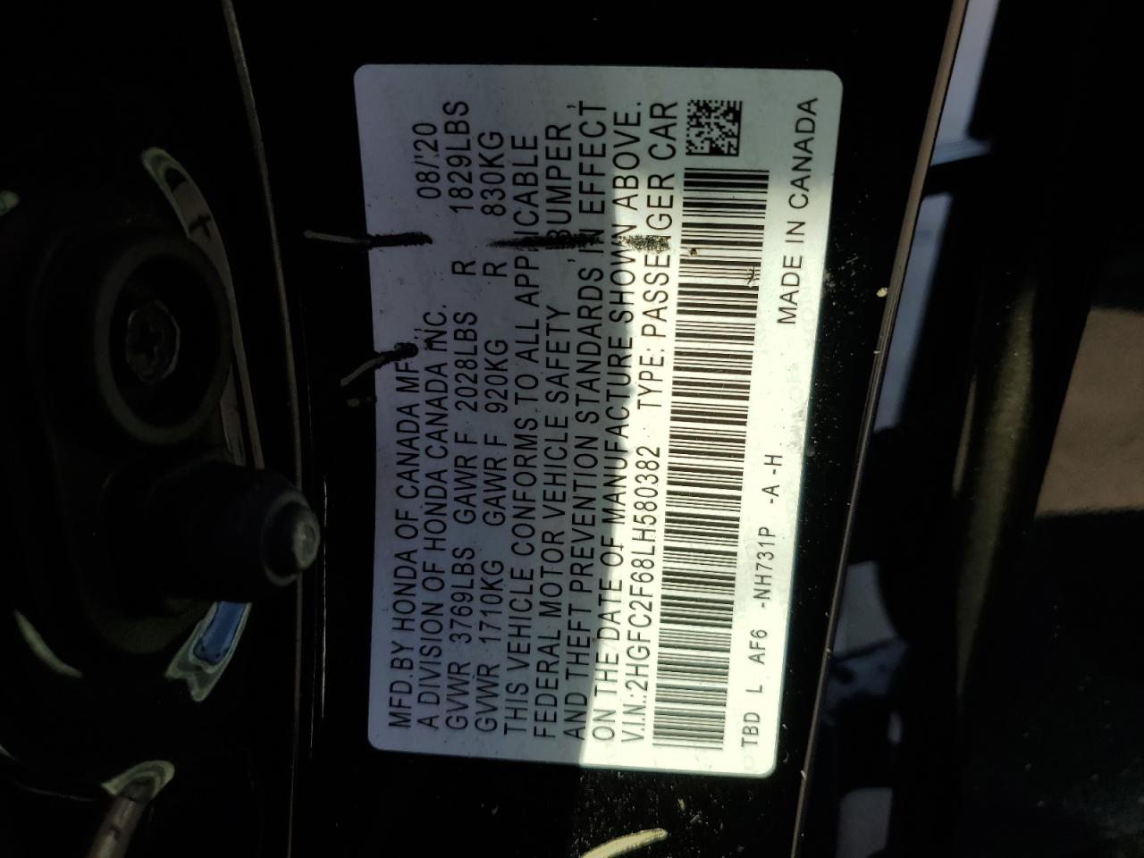 2020 Honda Civic Lx VIN: 2HGFC2F68LH580382 Lot: 81928215