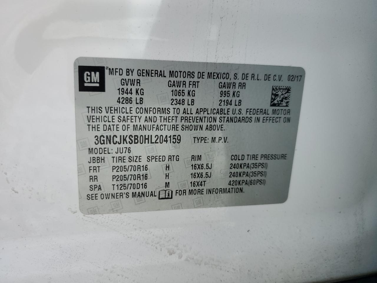 2017 Chevrolet Trax Ls VIN: 3GNCJKSB0HL204159 Lot: 82488545