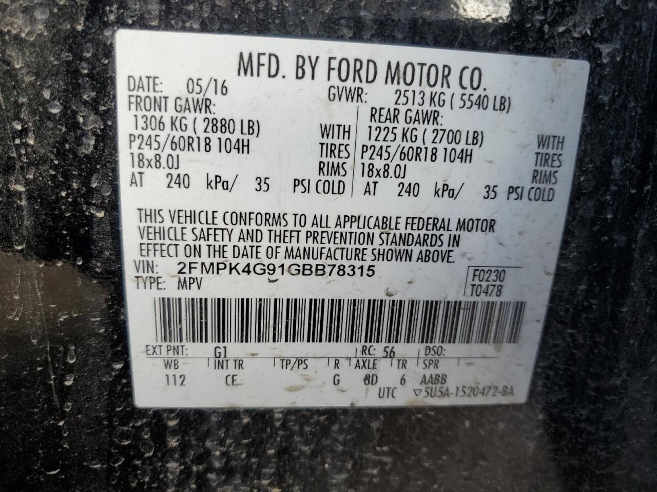 2016 Ford Edge Se VIN: 2FMPK4G91GBB78315 Lot: 85861155