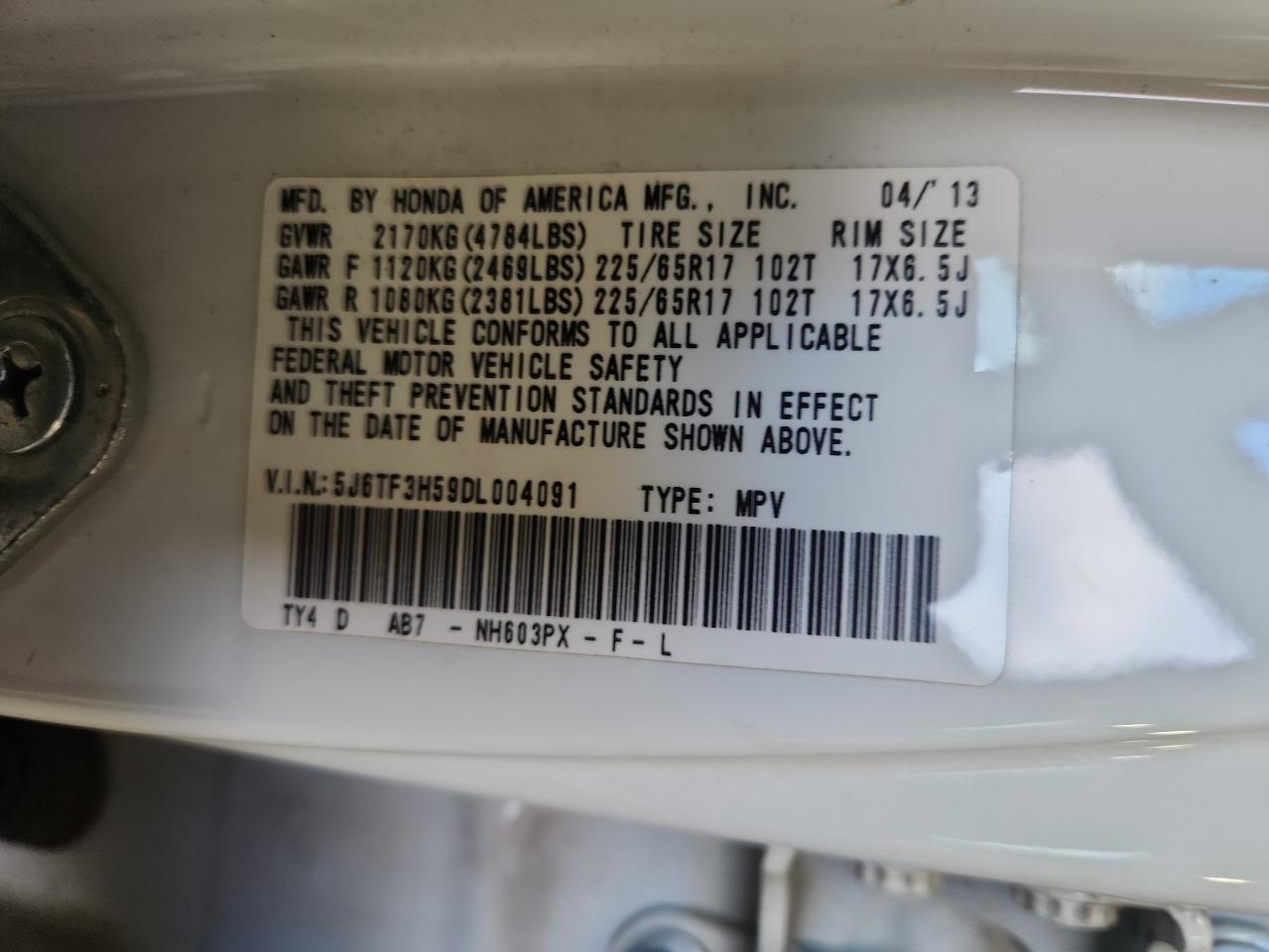 2013 Honda Crosstour Exl VIN: 5J6TF3H59DL004091 Lot: 82761955