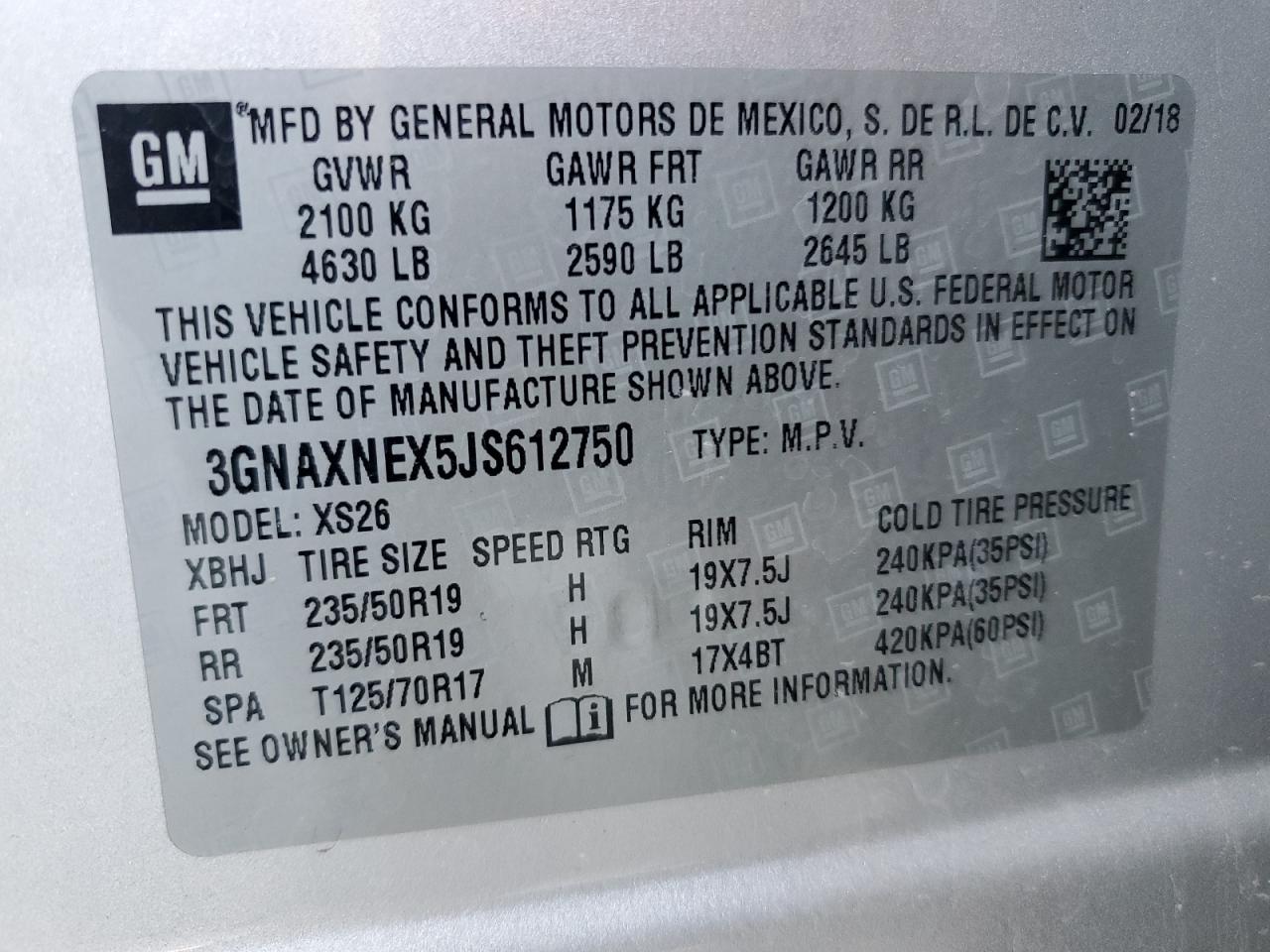 2018 Chevrolet Equinox Premier VIN: 3GNAXNEX5JS612750 Lot: 86894265