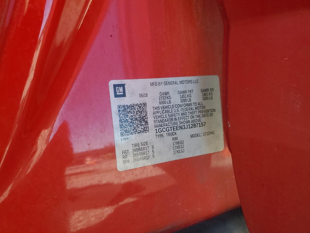 2018 Chevrolet Colorado Zr2 VIN: 1GCGTEEN3J1287157 Lot: 82360205