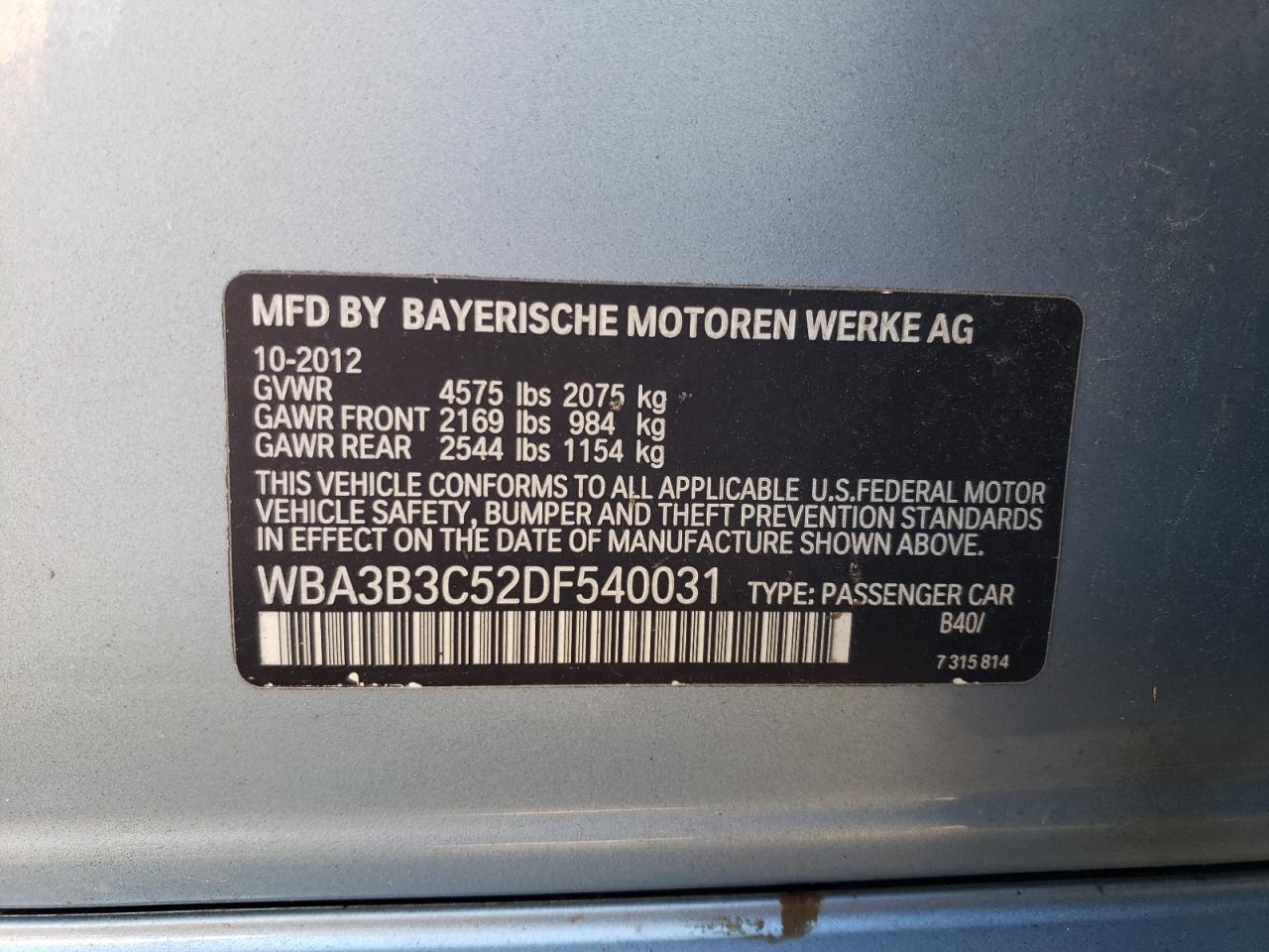 2013 BMW 328 Xi VIN: WBA3B3C52DF540031 Lot: 85823645