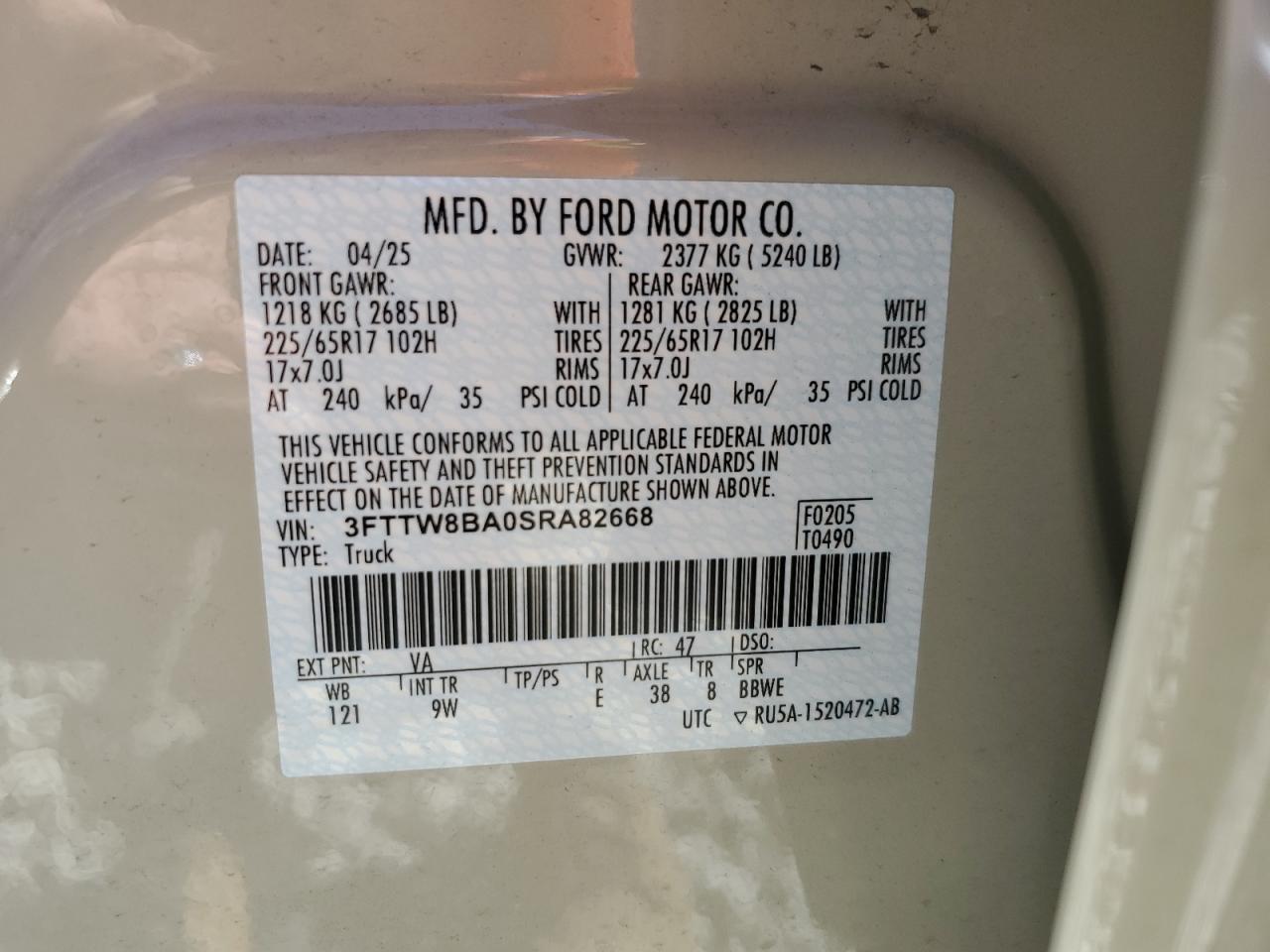 2025 Ford Maverick Xl VIN: 3FTTW8BA0SRA82668 Lot: 87023285