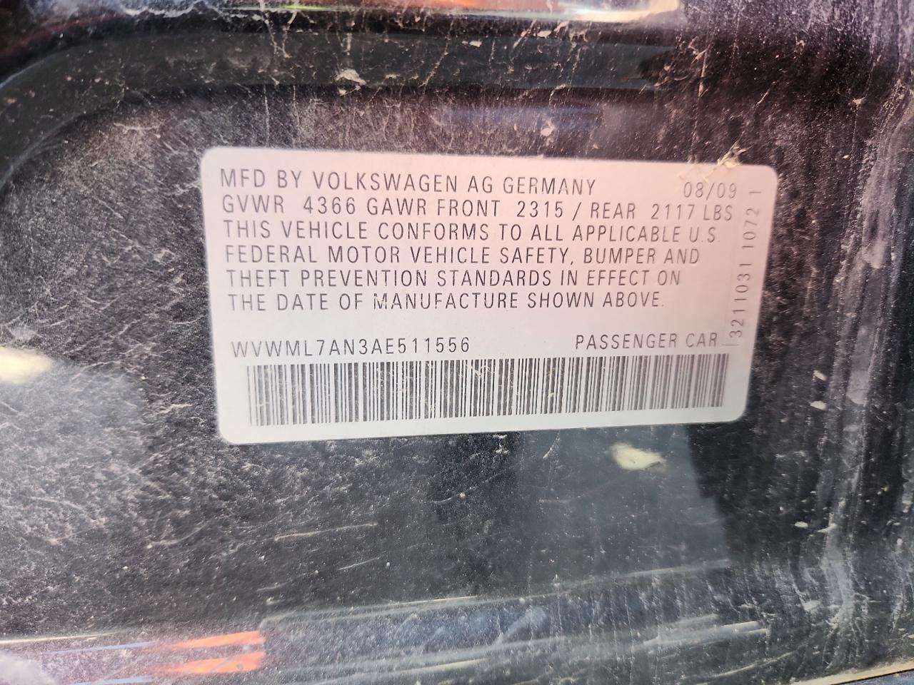 2010 Volkswagen Cc Sport VIN: WVWML7AN3AE511556 Lot: 85921395