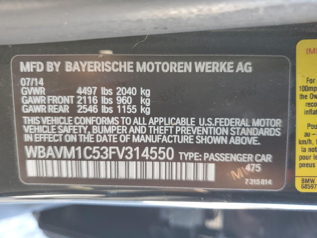 2015 BMW X1 Sdrive28I VIN: WBAVM1C53FV314550 Lot: 82489545