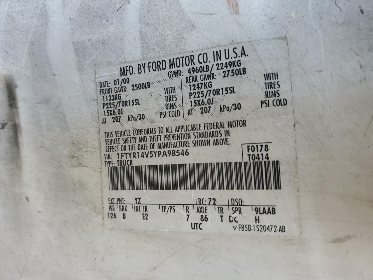 2000 Ford Ranger Super Cab VIN: 1FTYR14V5YPA98546 Lot: 86182805