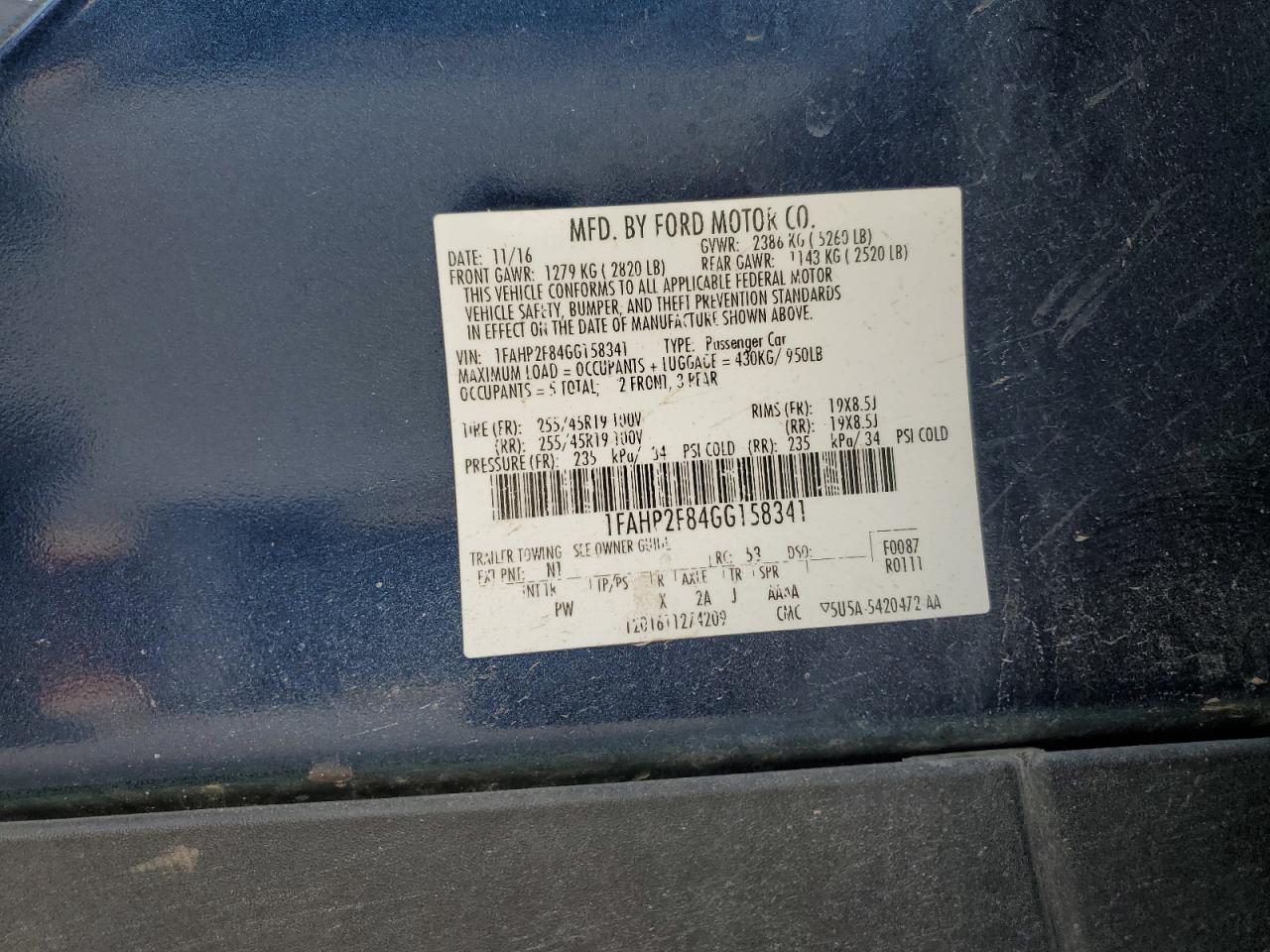 2016 Ford Taurus Limited VIN: 1FAHP2F84GG158341 Lot: 84831285