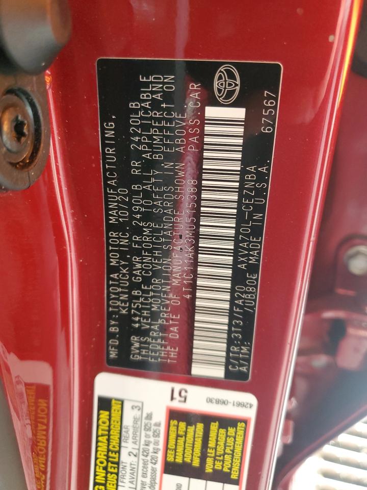 2021 Toyota Camry Le VIN: 4T1C11AK3MU515388 Lot: 85487195