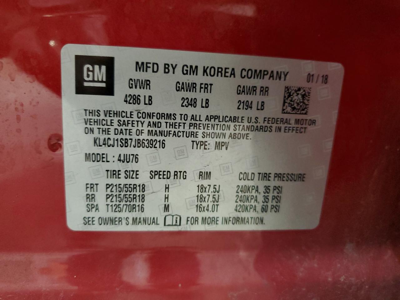 2018 Buick Encore Sport Touring VIN: KL4CJ1SB7JB639216 Lot: 86680525