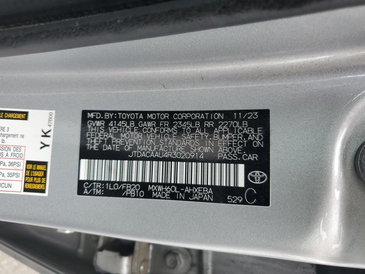 2024 Toyota Prius Le VIN: JTDACAAU4R3020914 Lot: 86600665