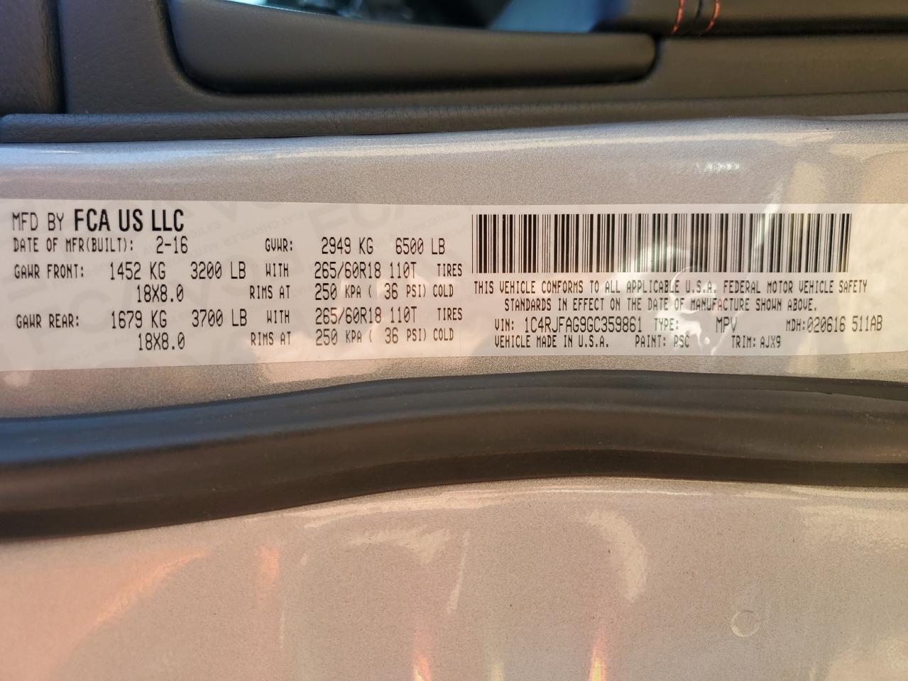 2016 Jeep Grand Cher VIN: 1C4RJFAG9GC359861 Lot: 82220005