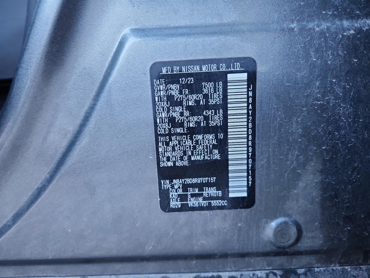 2024 Nissan Armada Sl VIN: JN8AY2BD8R9707157 Lot: 90458575