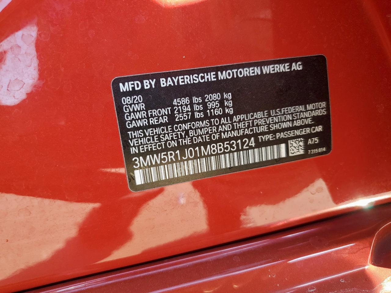 2021 BMW 330I VIN: 3MW5R1J01M8B53124 Lot: 84640565