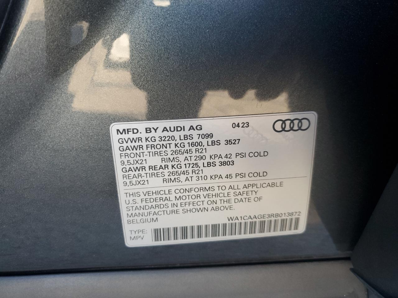 2024 Audi Q8 E-Tron Sportback Premium Plus VIN: WA1CAAGE3RB013872 Lot: 89926205