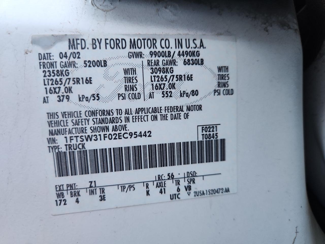 2002 Ford F350 Srw Super Duty VIN: 1FTSW31F02EC95442 Lot: 87193545