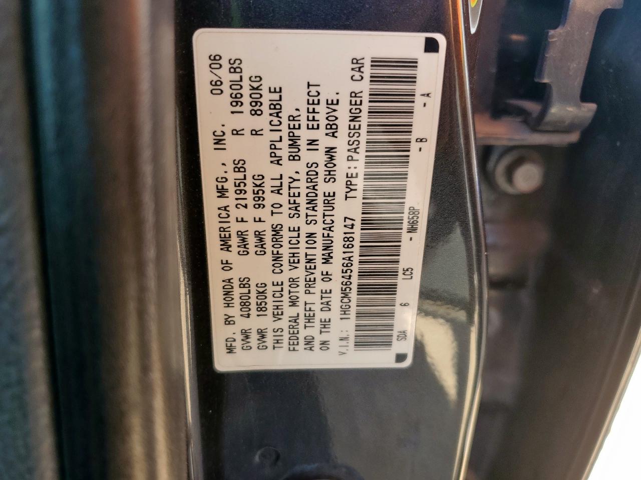 2006 Honda Accord Lx VIN: 1HGCM56456A168147 Lot: 85342615