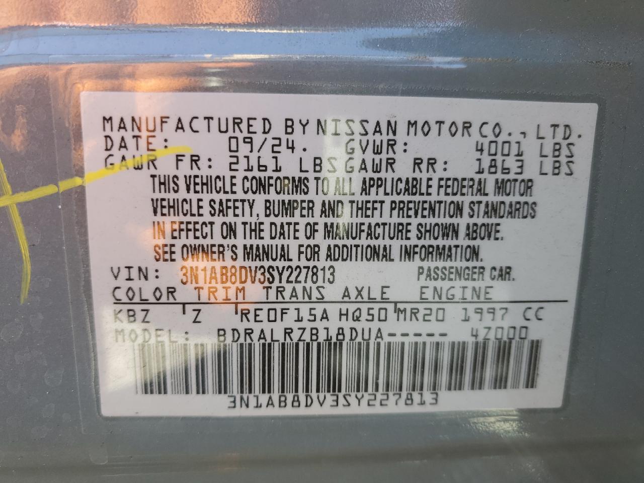 2025 Nissan Sentra Sr VIN: 3N1AB8DV3SY227813 Lot: 85587765