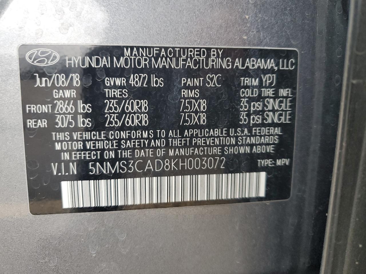 2019 Hyundai Santa Fe Sel VIN: 5NMS3CAD8KH003072 Lot: 85509395