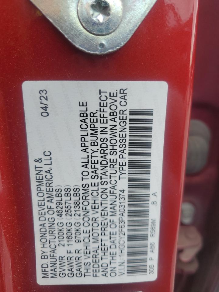 2023 Honda Accord Hybrid Exl VIN: 1HGCY2F63PA031374 Lot: 82279125