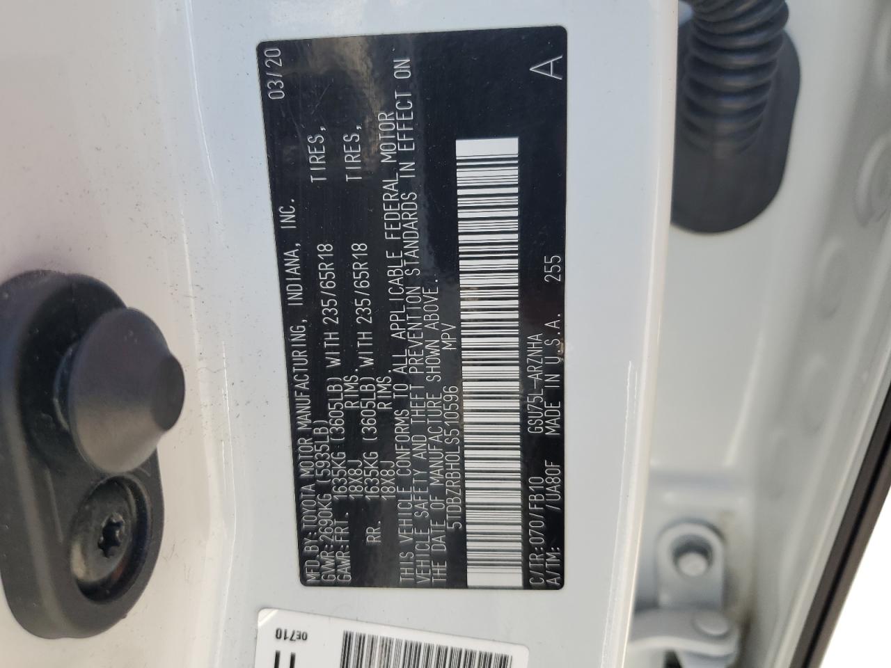 2020 Toyota Highlander L VIN: 5TDBZRBH0LS510596 Lot: 85287695