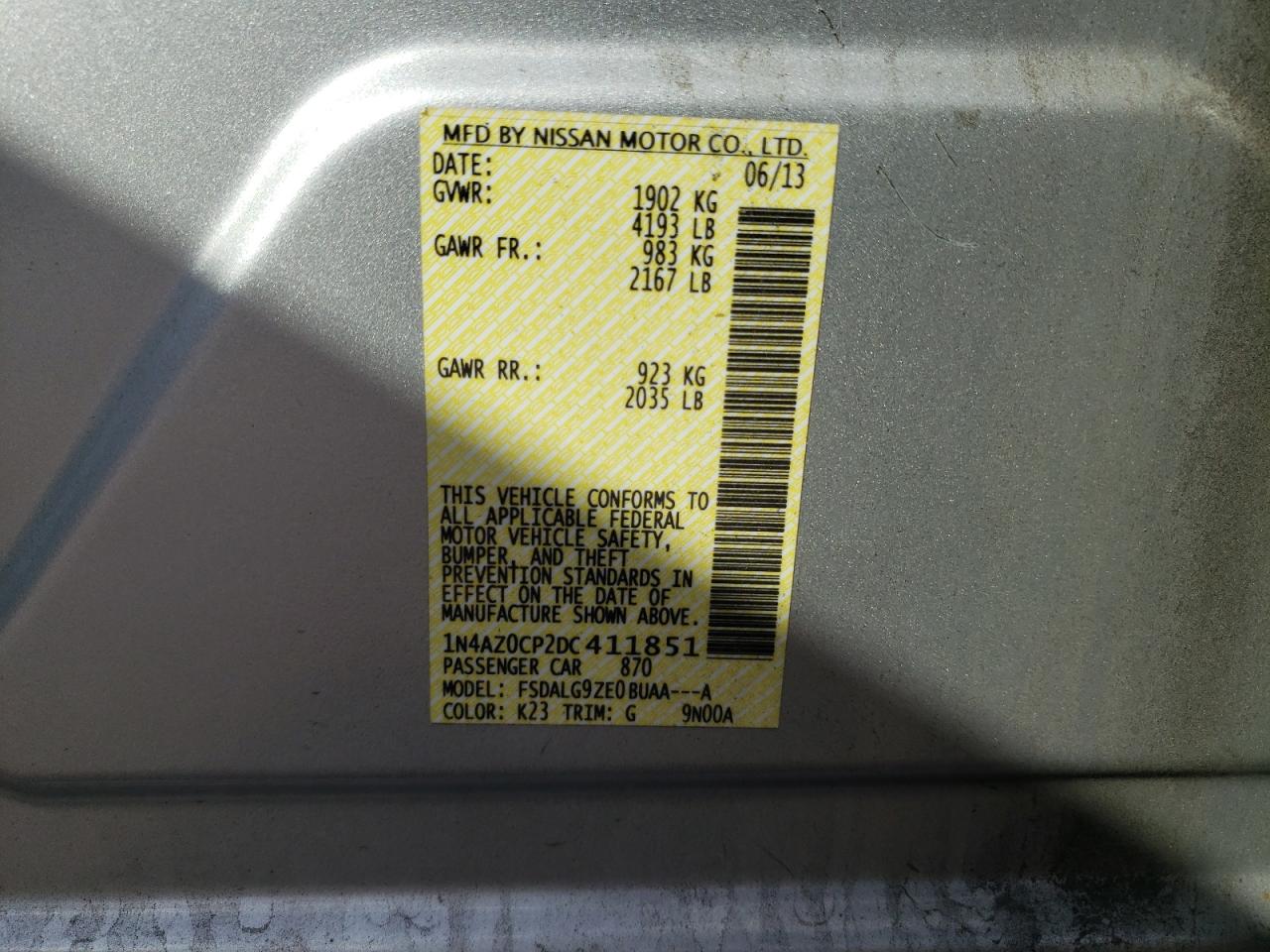 2013 Nissan Leaf S VIN: 1N4AZ0CP2DC411851 Lot: 85768055