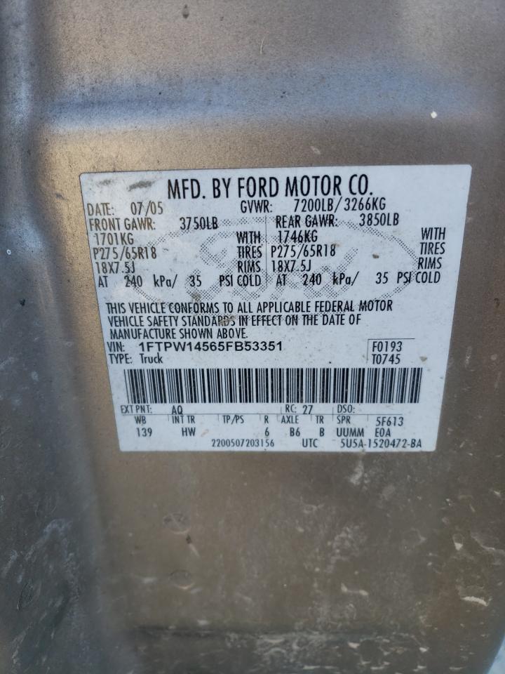 2005 Ford F150 Supercrew VIN: 1FTPW14565FB53351 Lot: 87238605