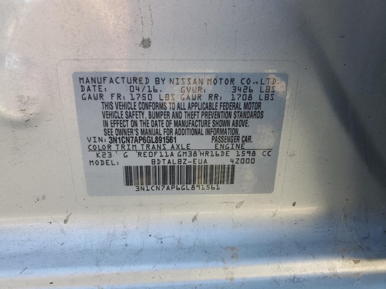 2016 Nissan Versa S VIN: 3N1CN7AP6GL891561 Lot: 82314495