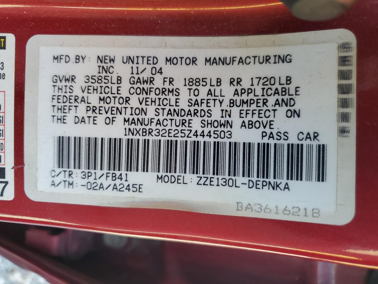 2005 Toyota Corolla Ce VIN: 1NXBR32E25Z444503 Lot: 85595855