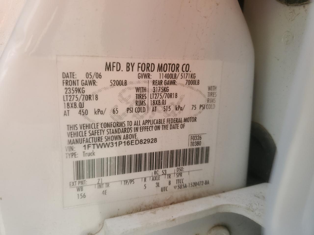 2006 Ford F350 Srw Super Duty VIN: 1FTWW31P16ED82928 Lot: 84743285