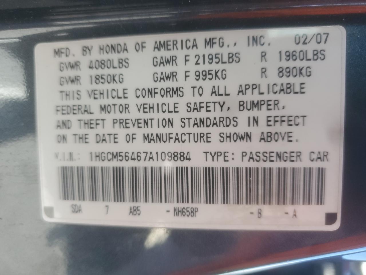 2007 Honda Accord Lx VIN: 1HGCM56467A109884 Lot: 85568075