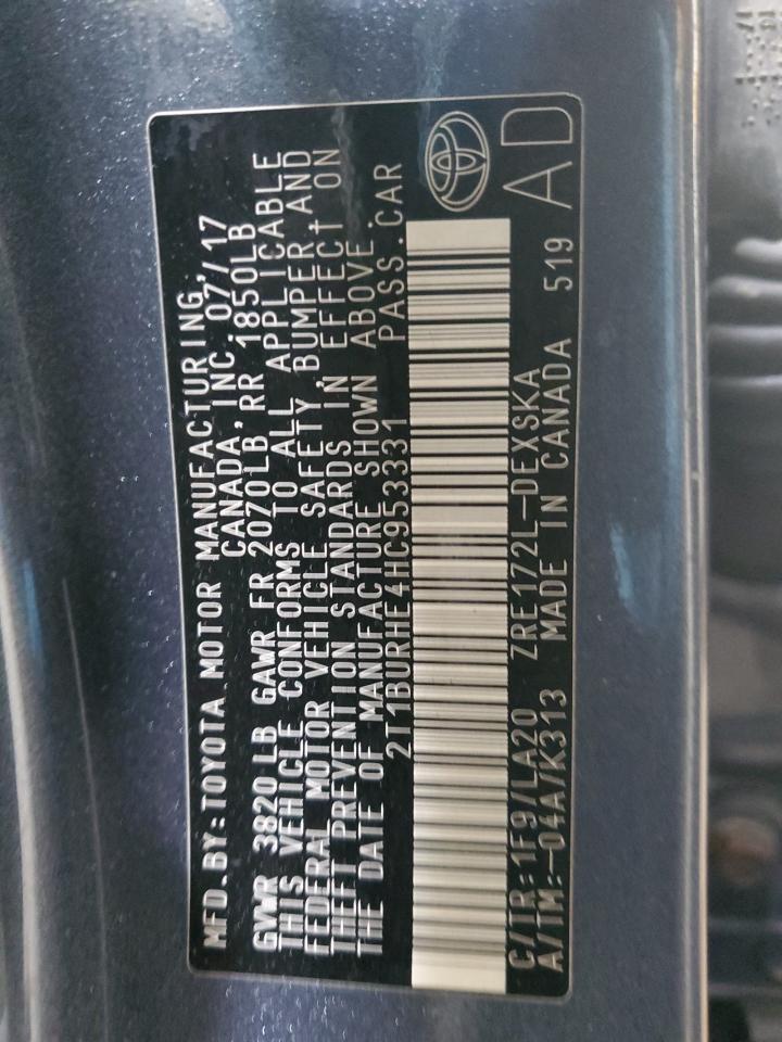 2017 Toyota Corolla L VIN: 2T1BURHE4HC953331 Lot: 84481095