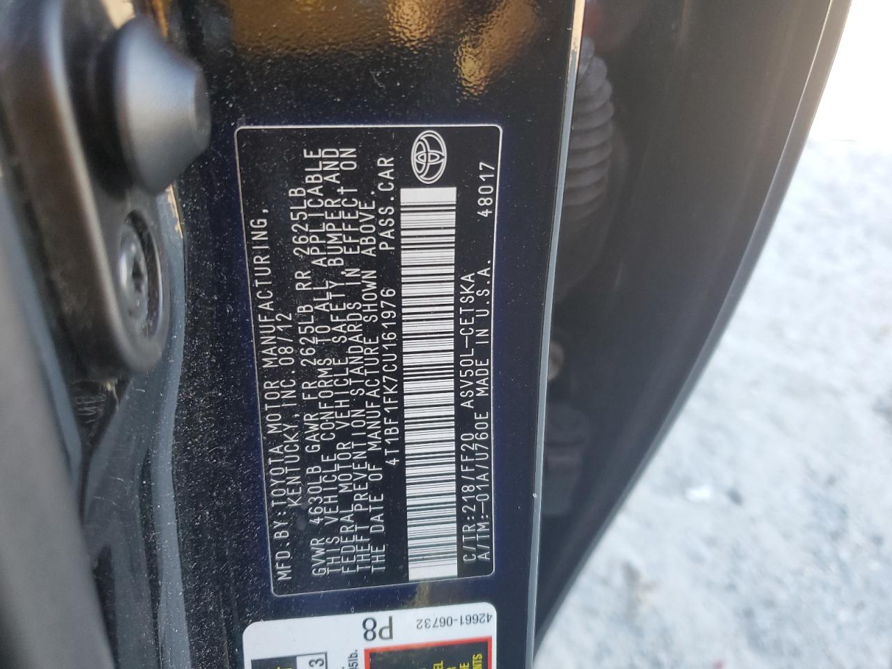 2012 Toyota Camry Base VIN: 4T1BF1FK7CU161976 Lot: 82401045