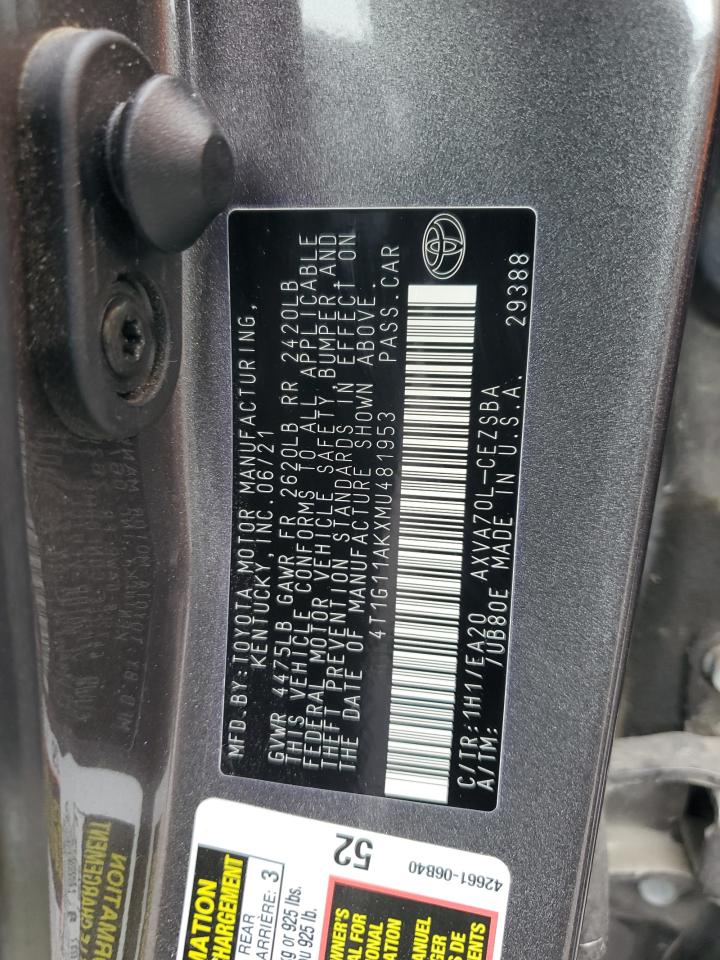 2021 Toyota Camry Se VIN: 4T1G11AKXMU481953 Lot: 81904425