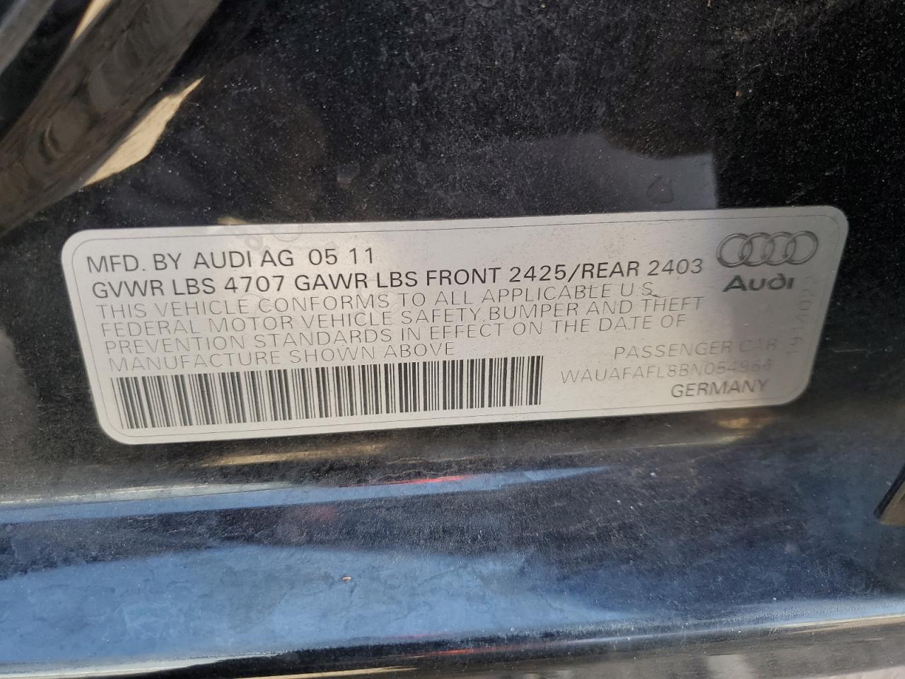 2011 Audi A4 Premium VIN: WAUAFAFL8BN054966 Lot: 87301155