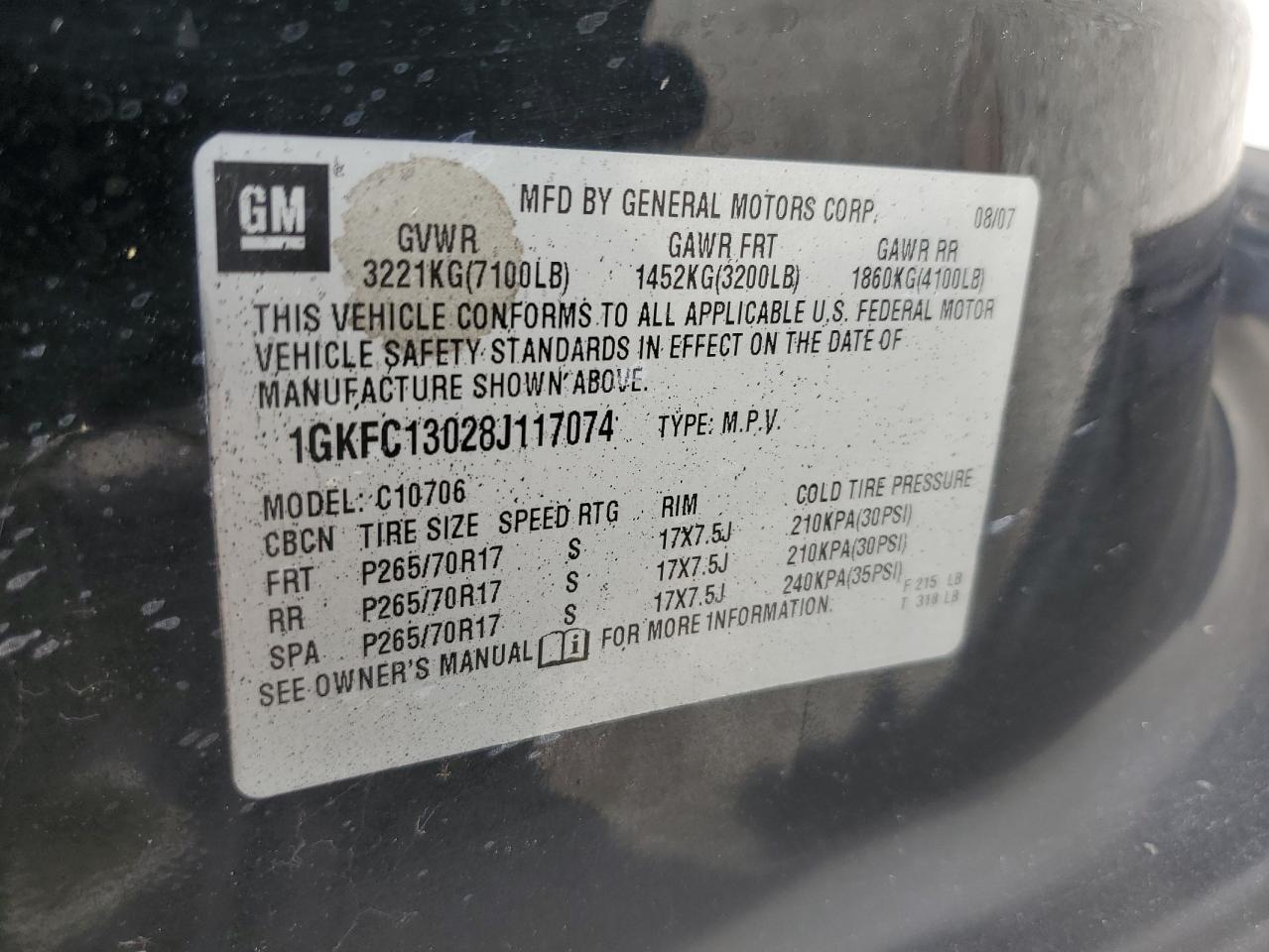 2008 GMC Yukon VIN: 1GKFC13028J117074 Lot: 93776565