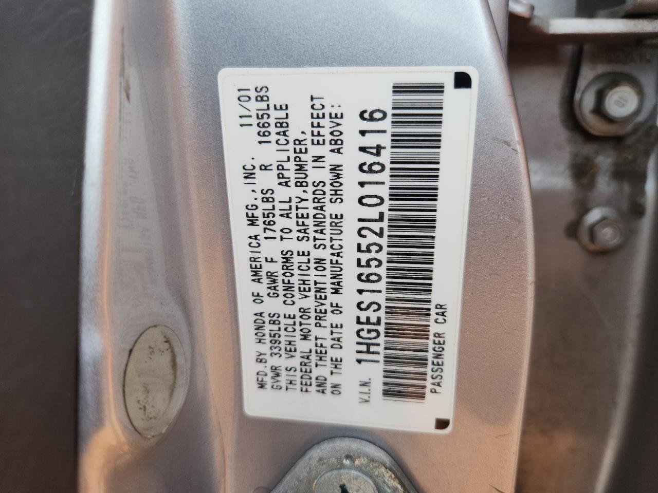 2002 Honda Civic Lx VIN: 1HGES16552L016416 Lot: 82362595